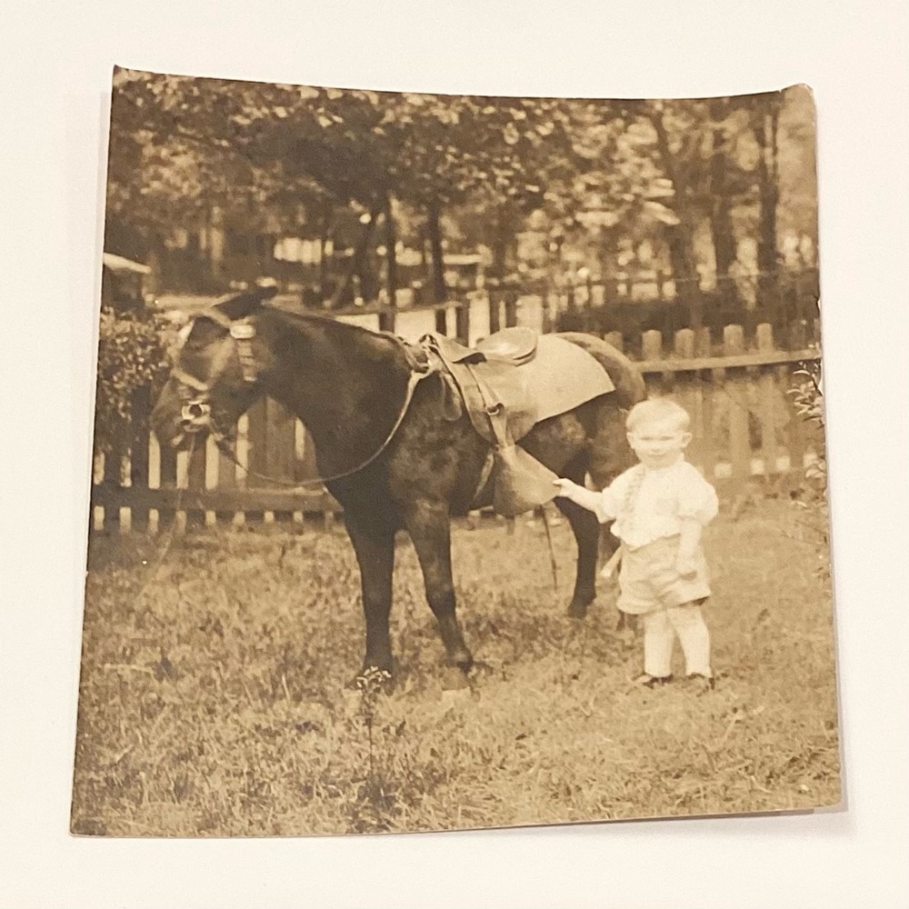 Vintage Sepia Photograph of Child with Pony Toddler Black & White Photo Picture